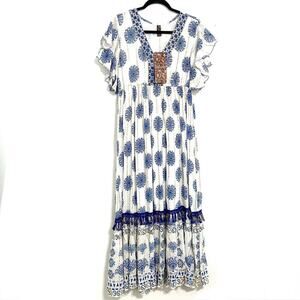 blue and white floral dress anthropologie Anthropologie Blue & White Print 